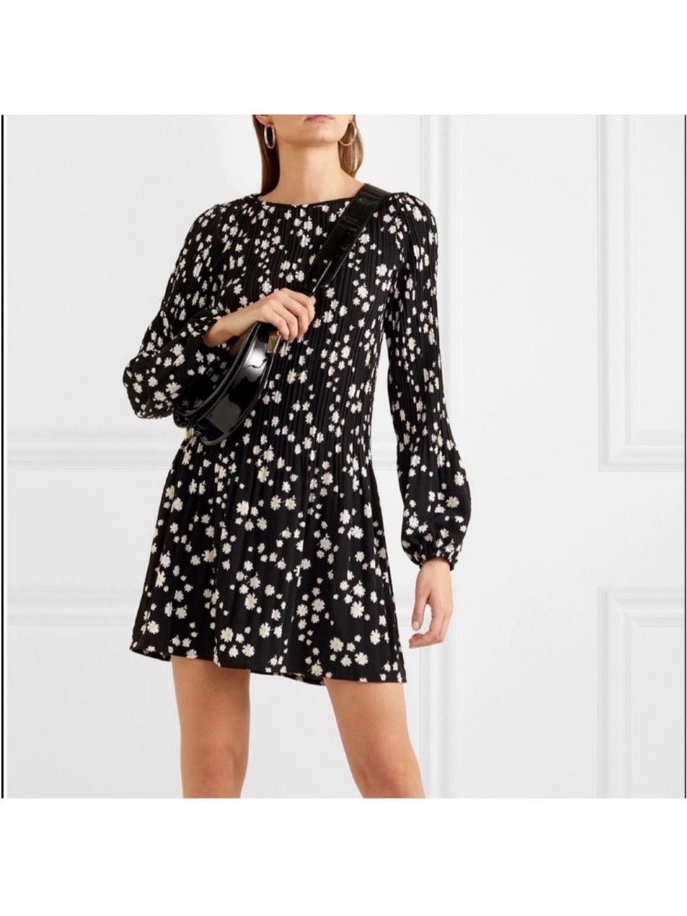 Maje Black Floral Long-Sleeve Pleated Mini Dress